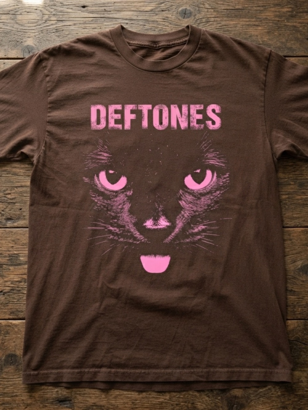 Gildan Brown Tee with Pink Deftones Cat Graphic